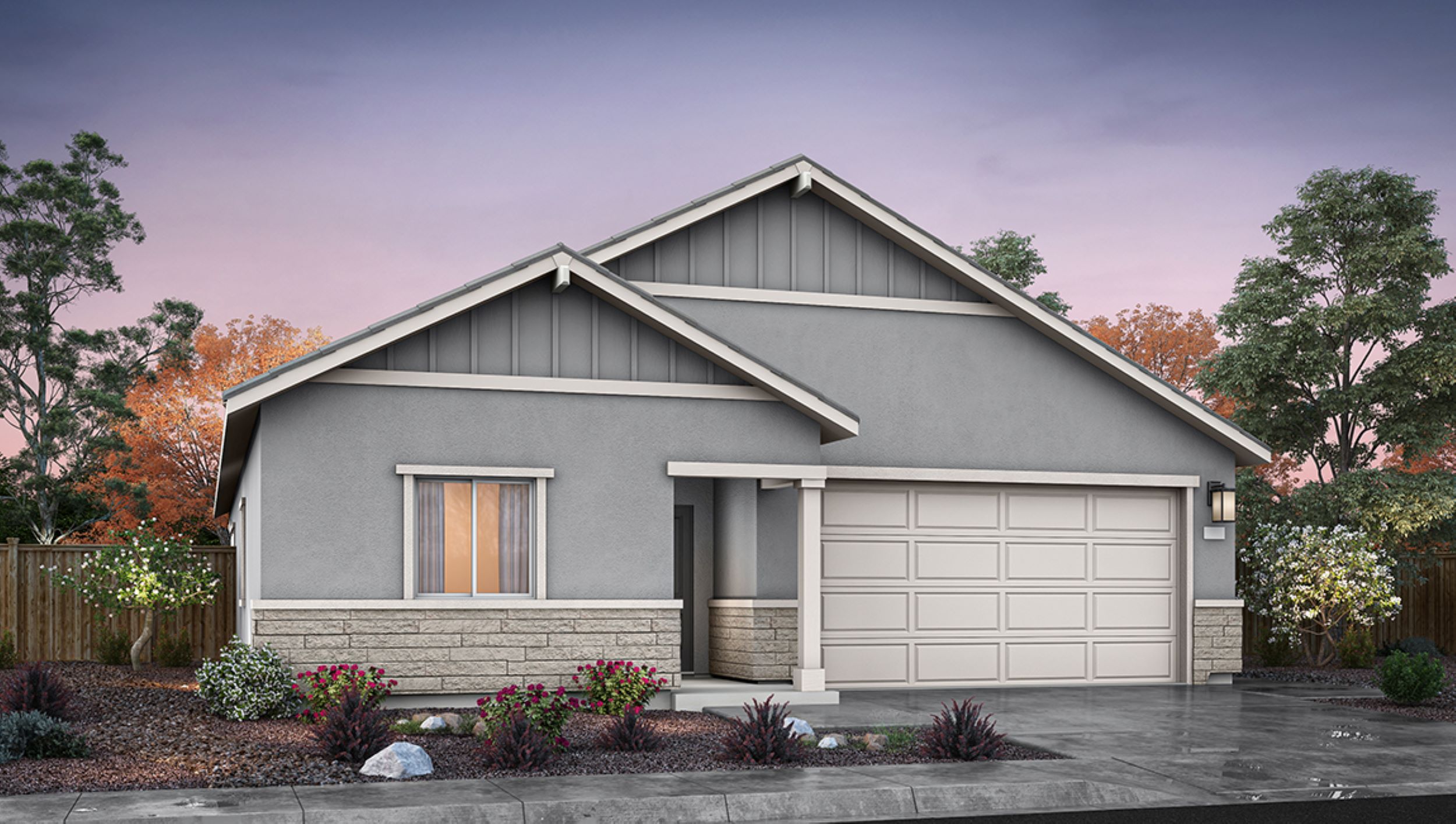 One-story Overland floorplan rendering with Farmhouse exterior package