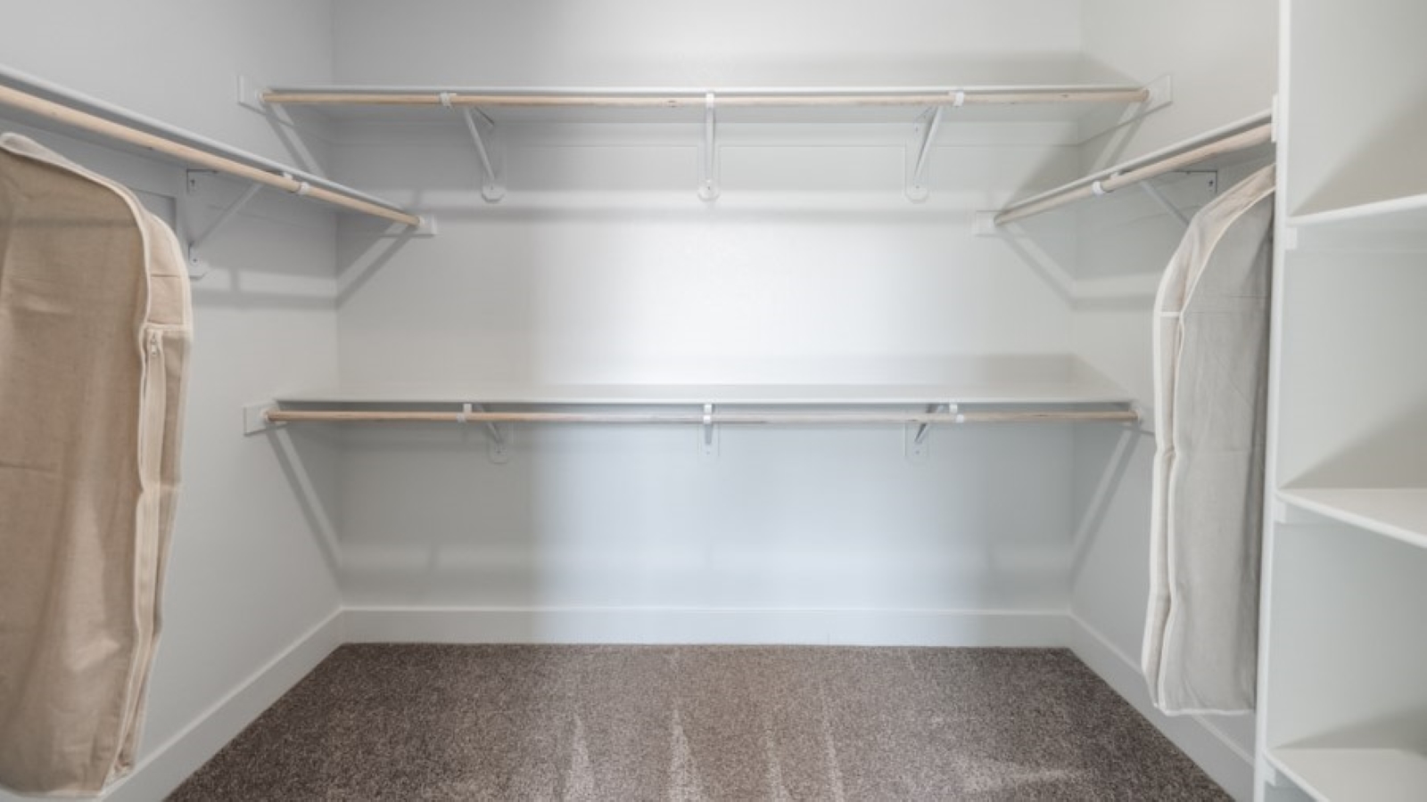 Large walk-in closet with built-in shelves and carpeted floors