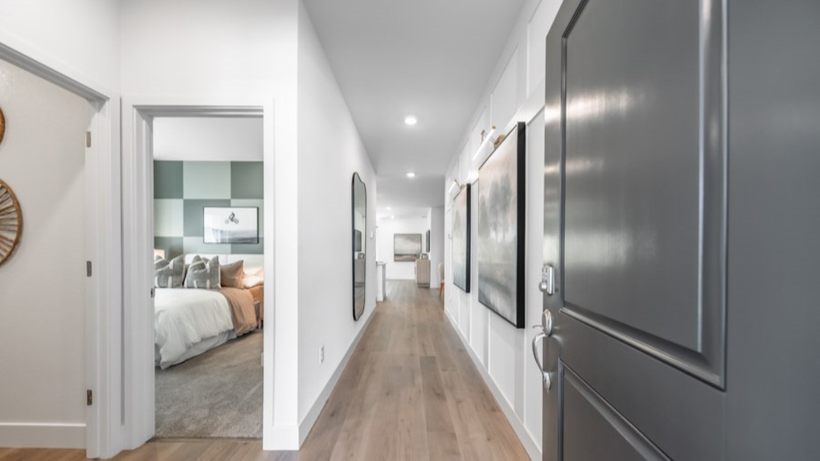 Overland floorplan entry way with bedroom and bathroom to the left