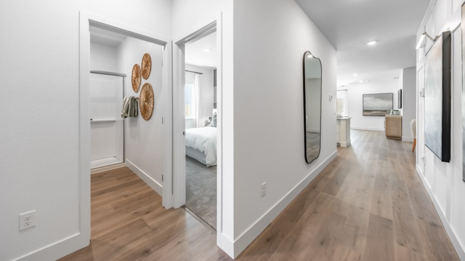 Entry to the Overland floorplan with a bedroom and bathroom at the front of the home