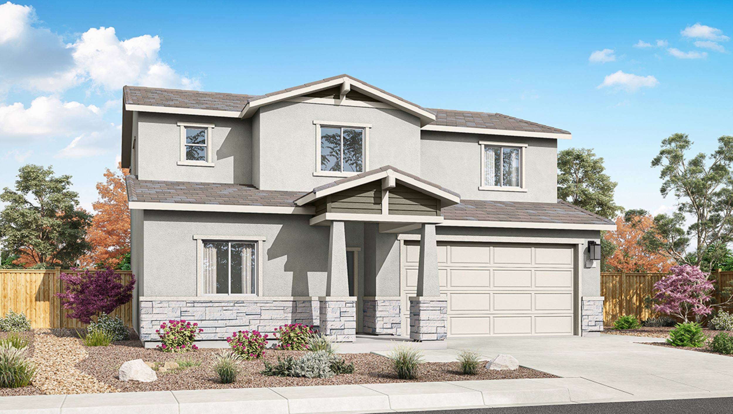 Two-story Stampede rendering with garage at the front of the home and stucco exterior