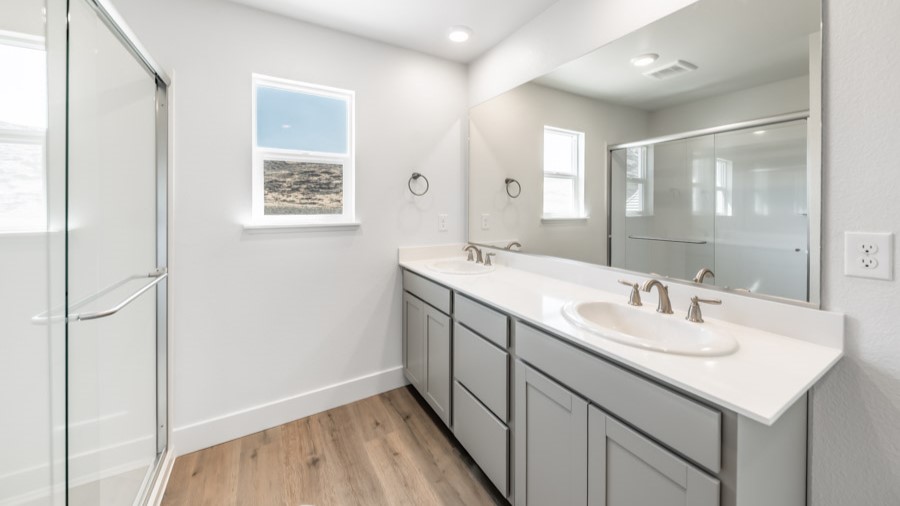 Double vanity in primary bathroom with built-in mirror