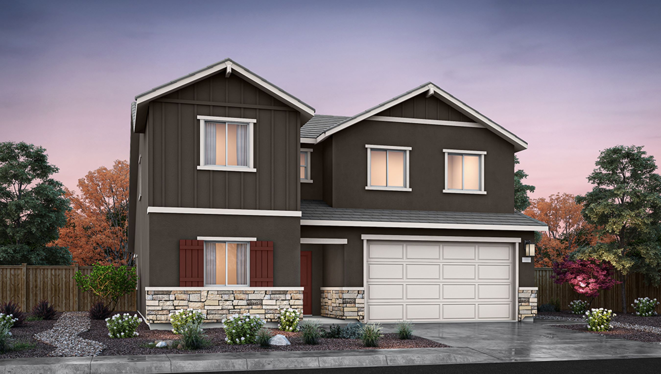 Two-story Mammoth floorplan rendering with garage at the front of the home