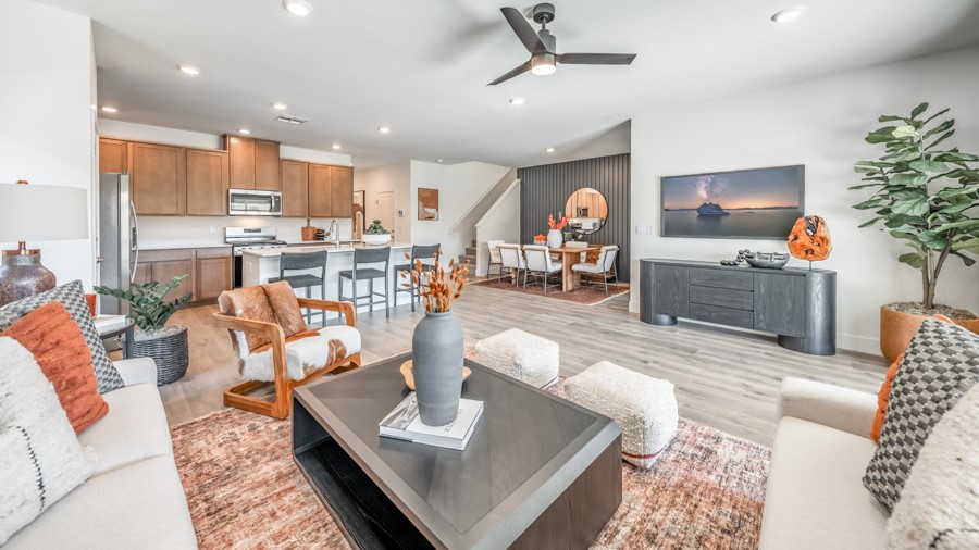 Open-concept first floor living room with bright natural light