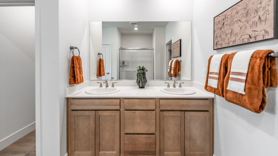 Double vanity in primary bathroom with built-in mirror