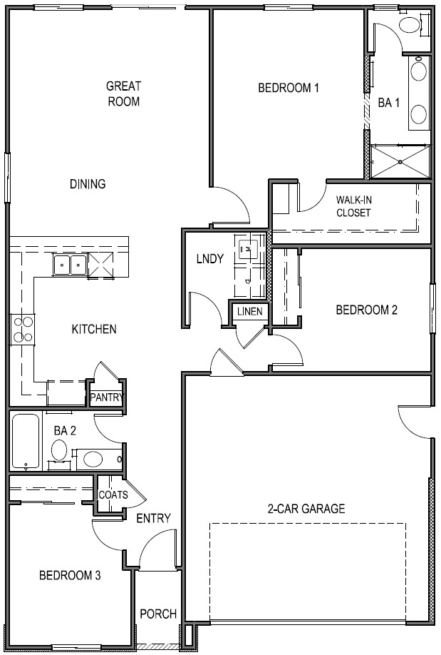 Acadia single-story floorplan with three bedrooms, two bathrooms
