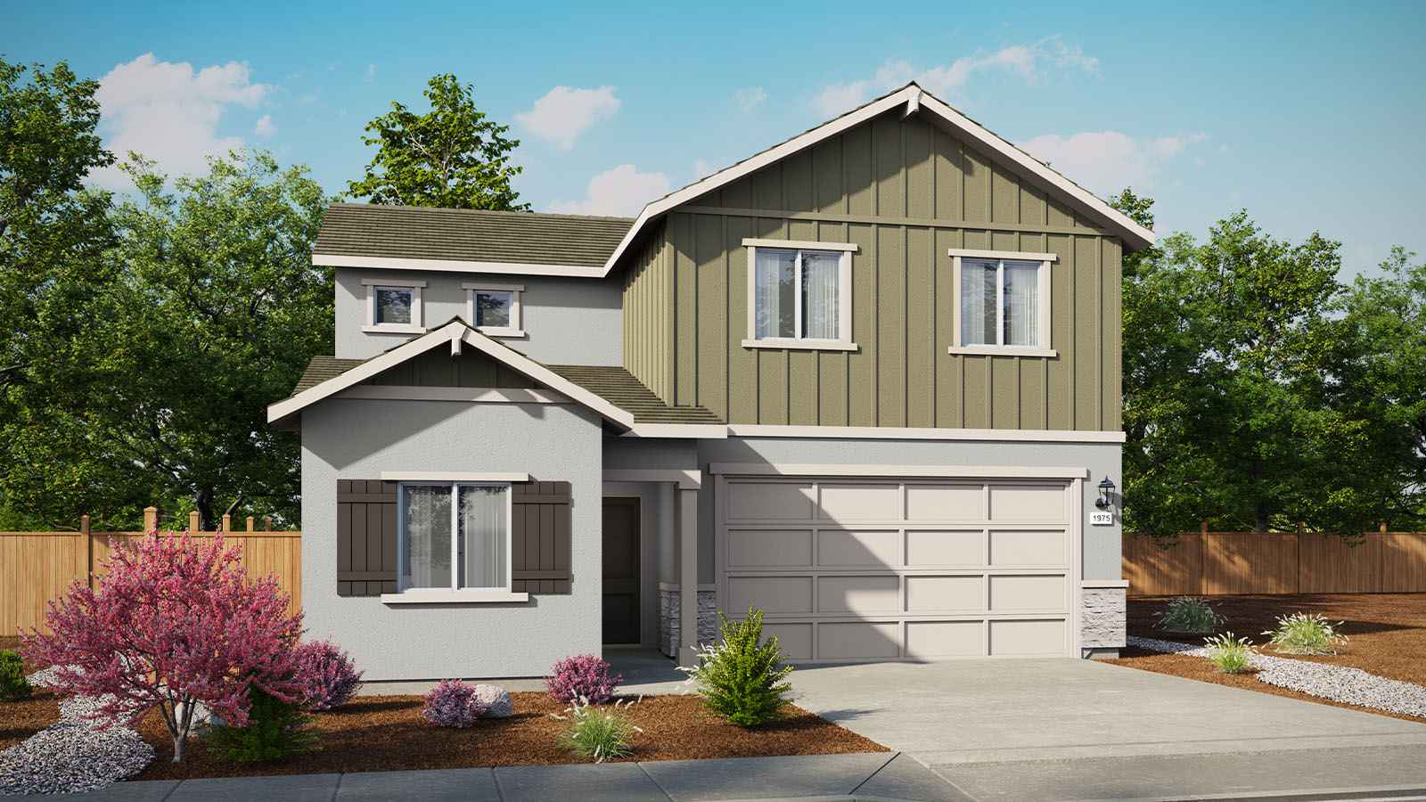 Two-story Yellowstone floorplan rendering with stucco and board and baton exterior accents
