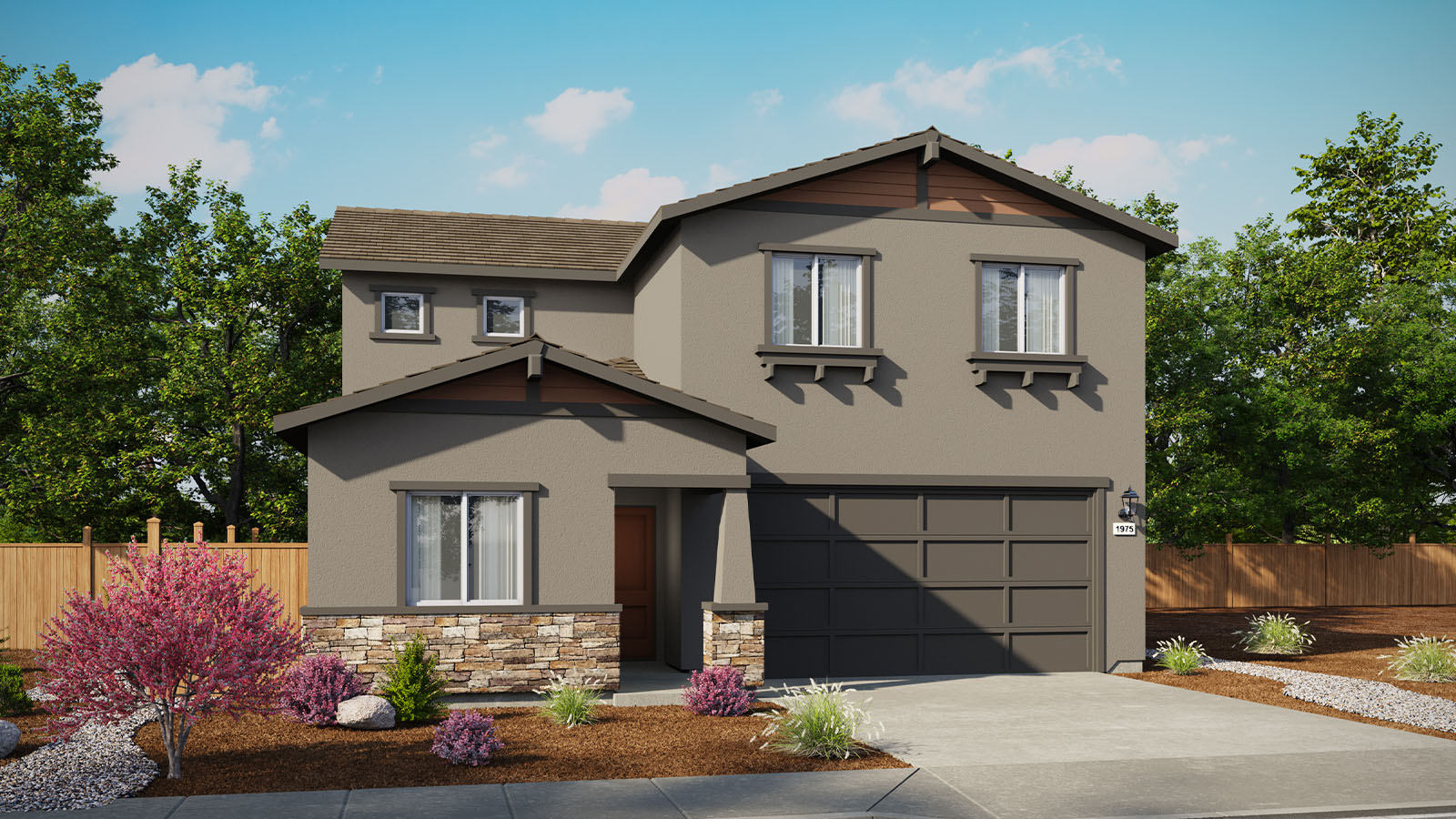Two-story Yellowstone floorplan rendering with stucco and stone accents