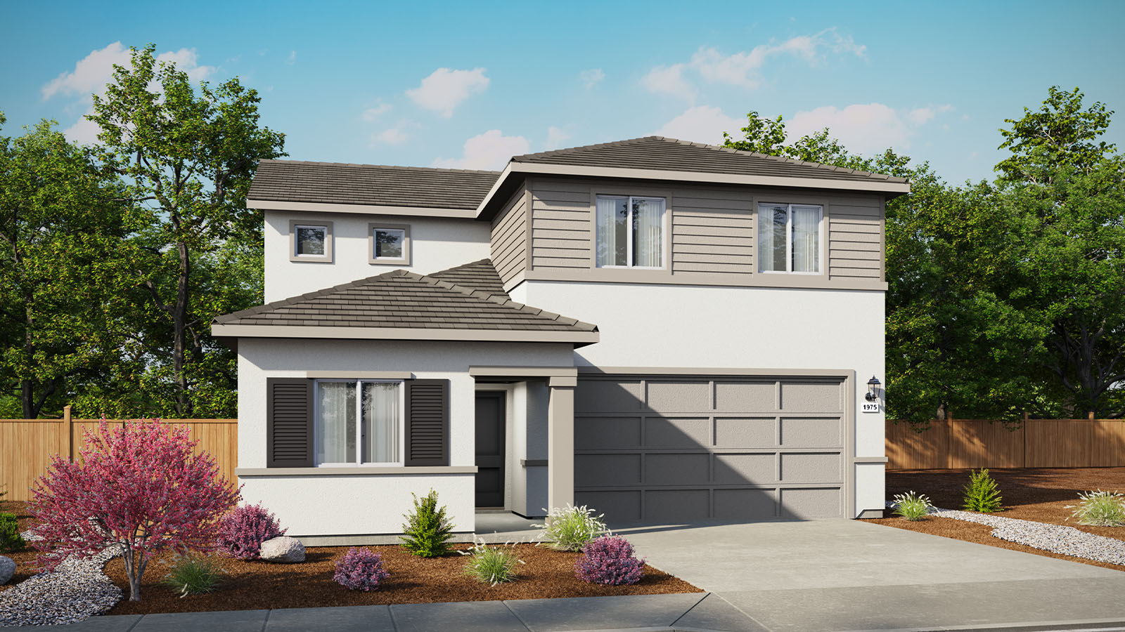 Rendering of two-story Yellowstone rendering with two-car garage at front of the home