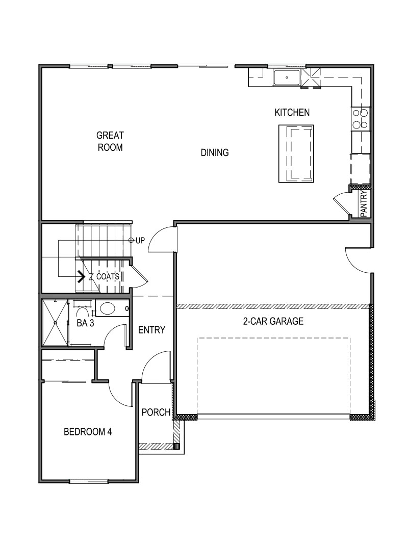 Yellowstone first floor layout with open-concept living area, one bedroom downstairs and two-car garage