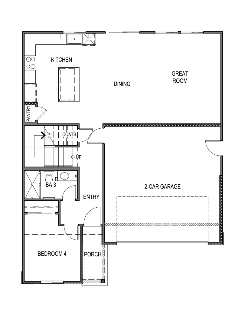 Zion floorplan first floor layout with open-concept living area, two-car garage, and bedroom downstairs
