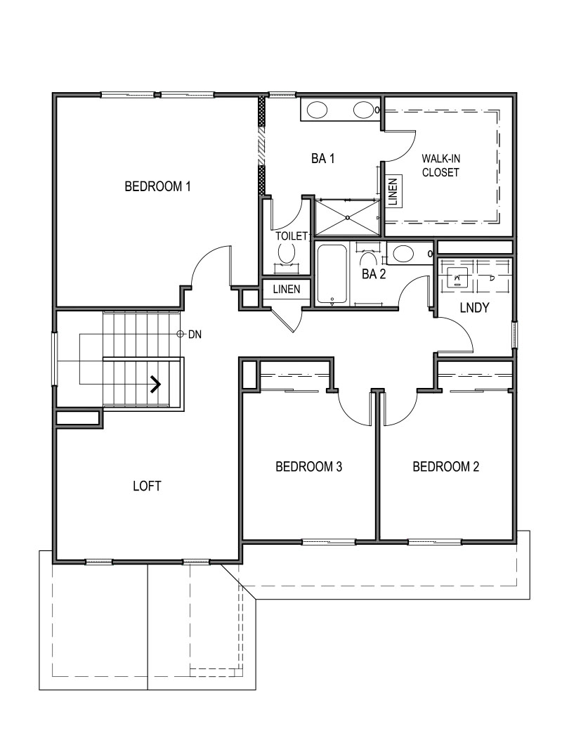 Zion floorplan second floor layout with a large loft, three bedrooms and laundry room
