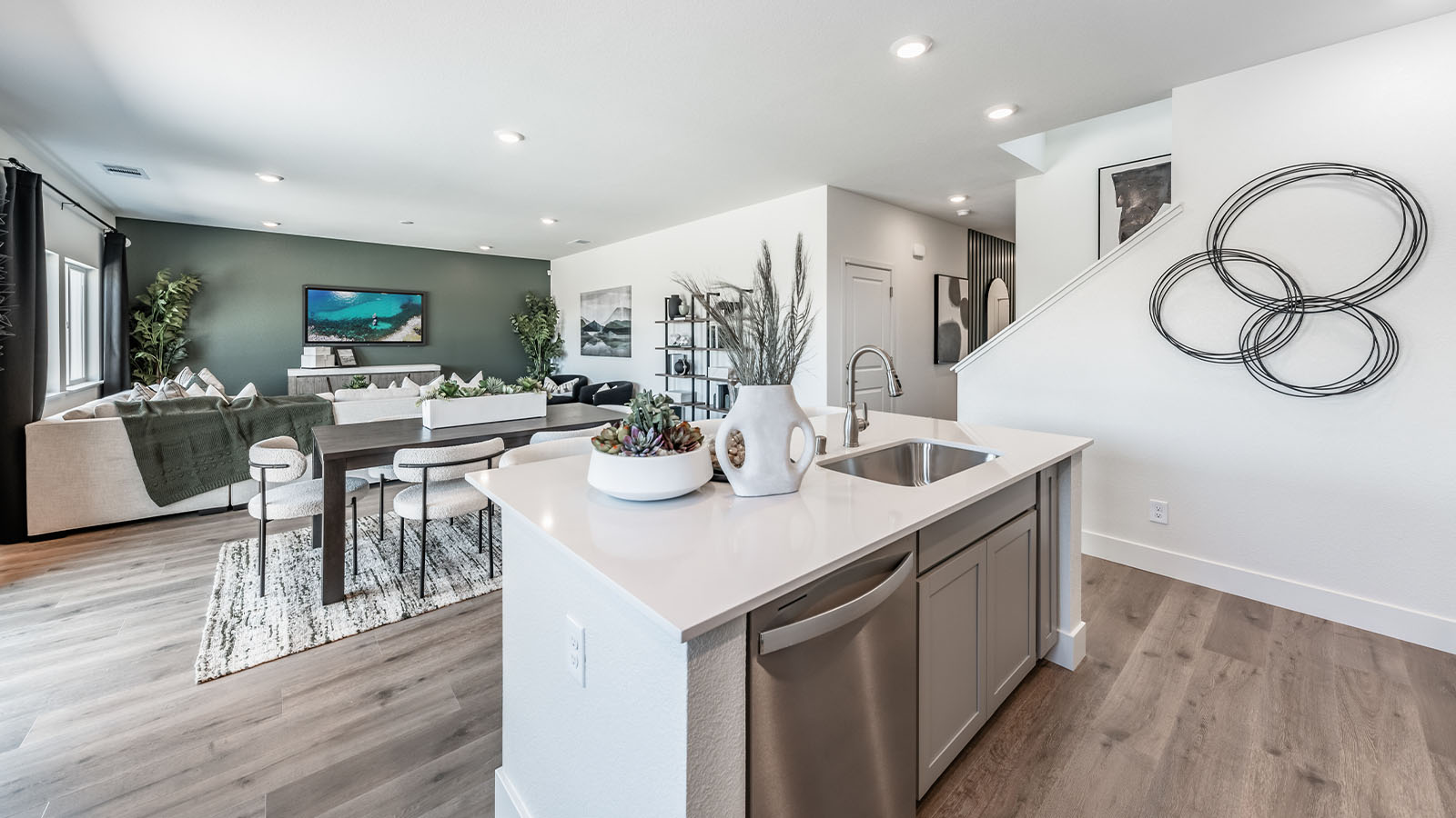Kitchen looking out on to open concept living area