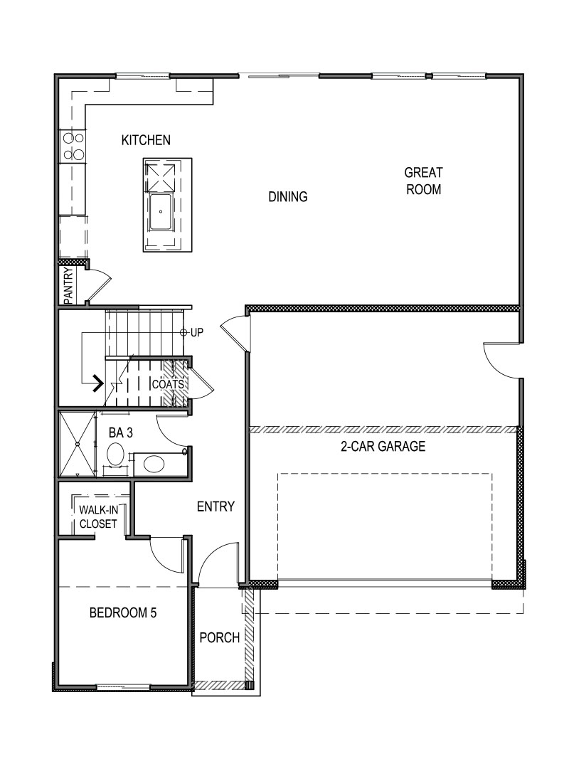 Yosemite floorplan layout floor 1 with open concept living space, interior access the garage, and one bedroom downstairs