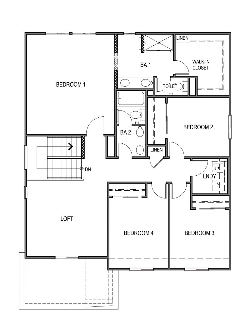 Yosemite floorplan layout floor 2 with four bedrooms, loft space and laundry room