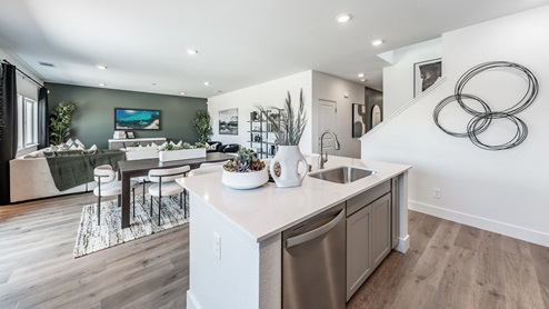 Kitchen island looking into open concept living area