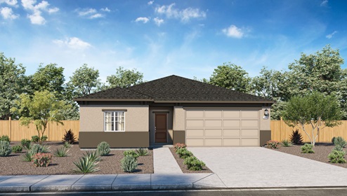 Single story home rendering with tan exterior and stone
