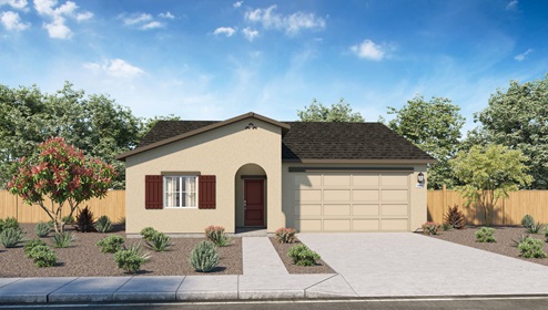 Single story home rendering with tan exterior