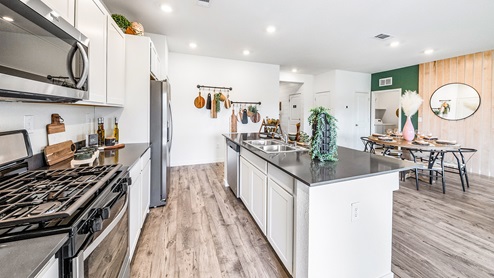 Kitchen with stainless steel appliances with island