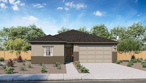 Single story home rendering with tan exterior and stone
