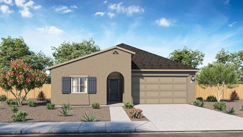 Single story home rendering with brown stucco exterior
