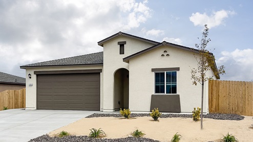 One story light stucco home with dark accents
