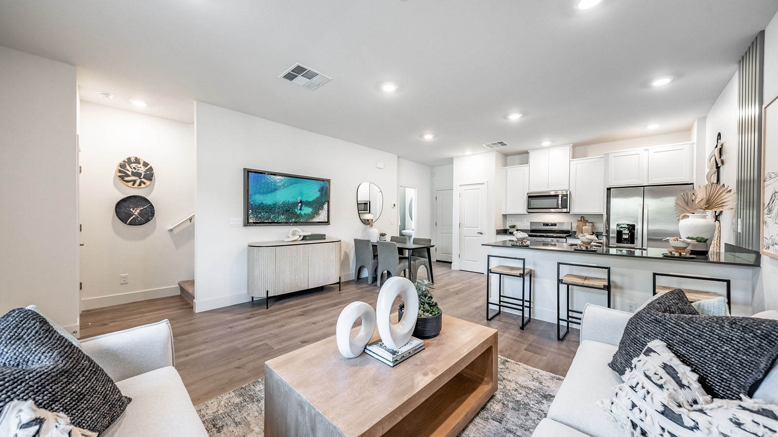 Bright living room and kitchen with island