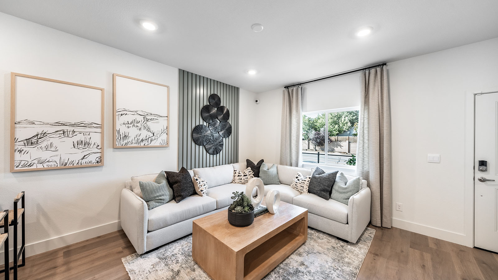 Large window in living room with modern decor