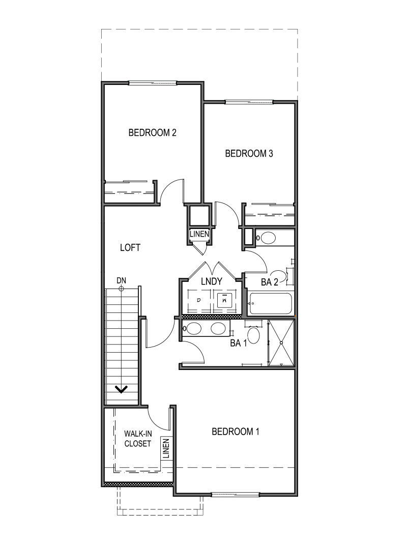 Second floor of Walker floorplan with three bedrooms and two bathrooms