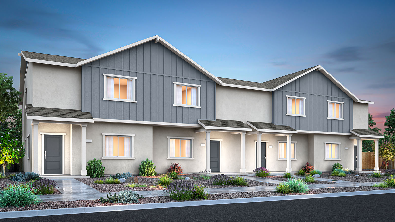 Two-story fourplex rendering with grey stucco exterior and blue board and baton accents