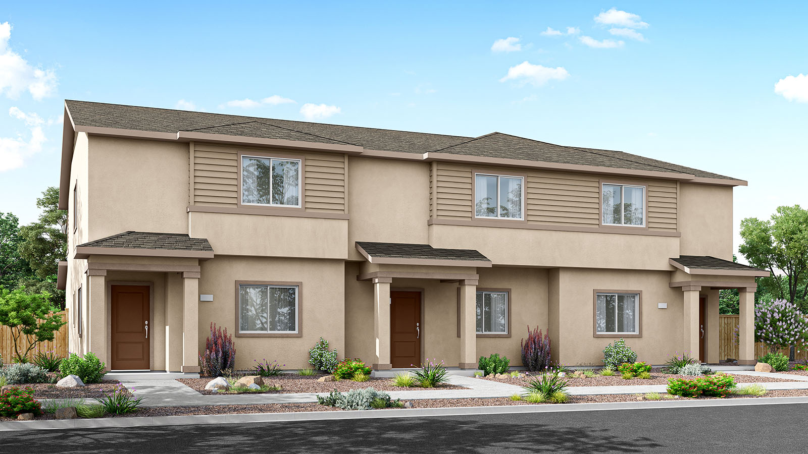 Triplex with tan stucco and brown accent exterior rendering