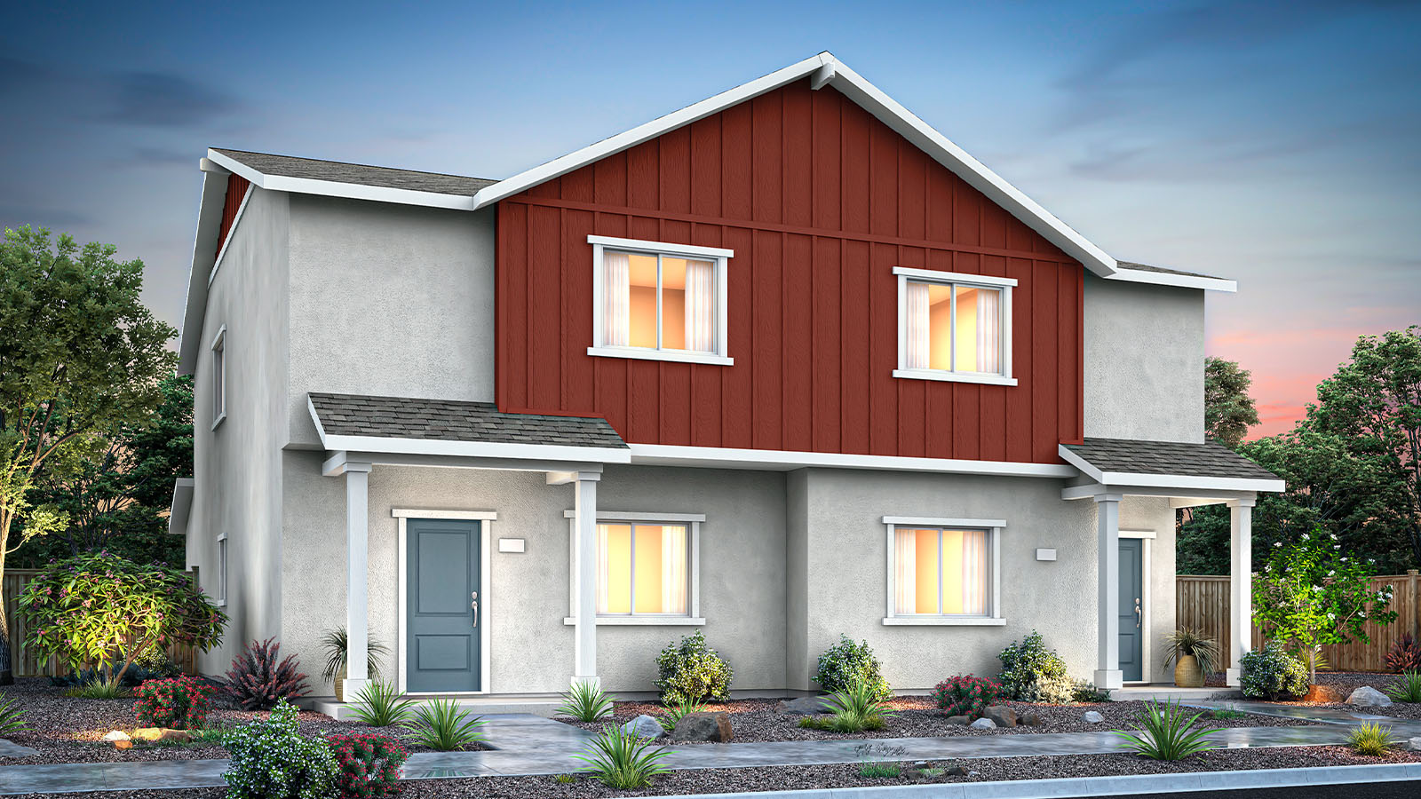 Two-story duplex rendering with grey stucco exterior and red board and baton accents