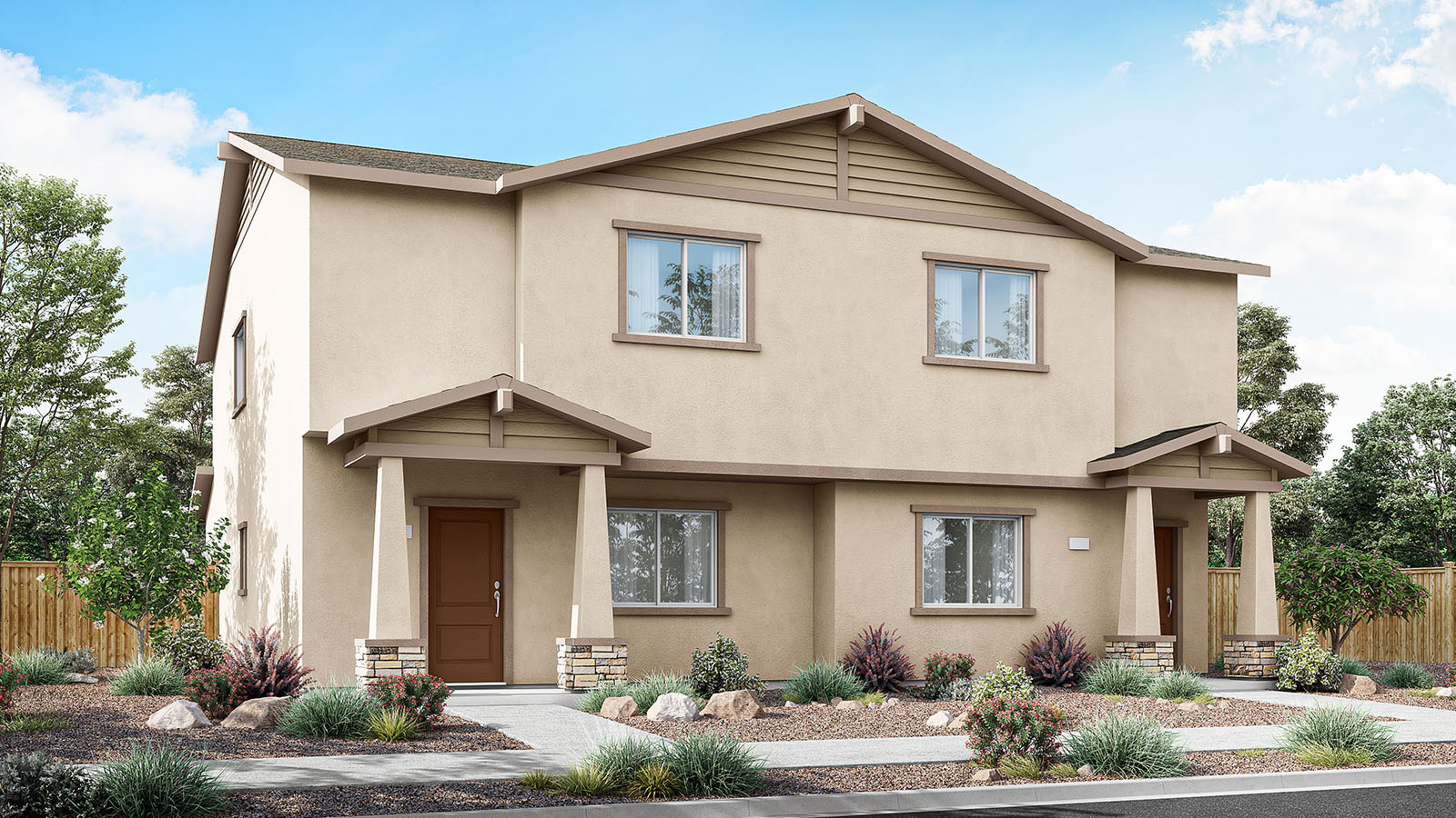 Rendering of two-story duplex with tan stucco exterior
