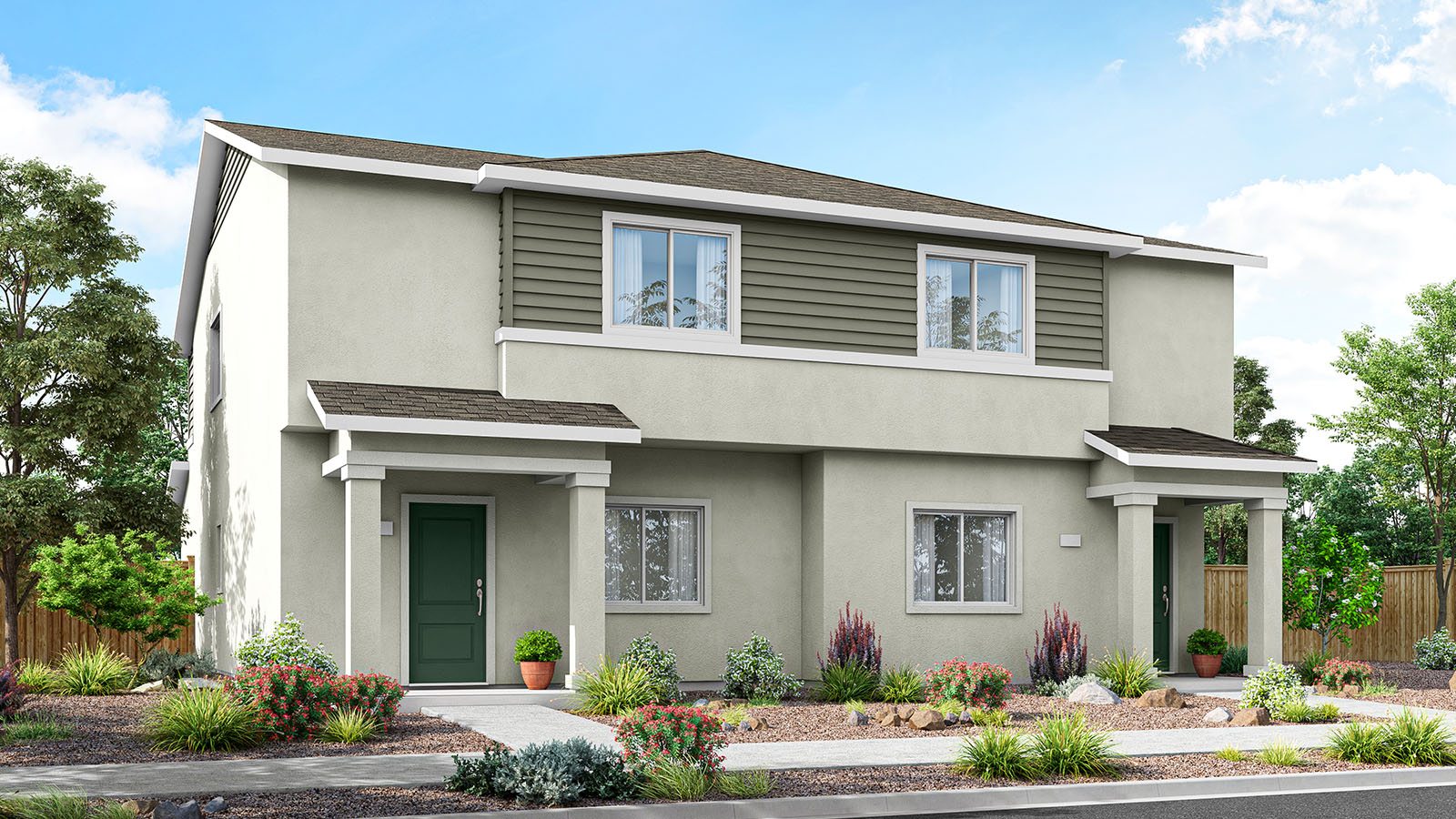 Duplex with light stucco and grey accent exterior rendering