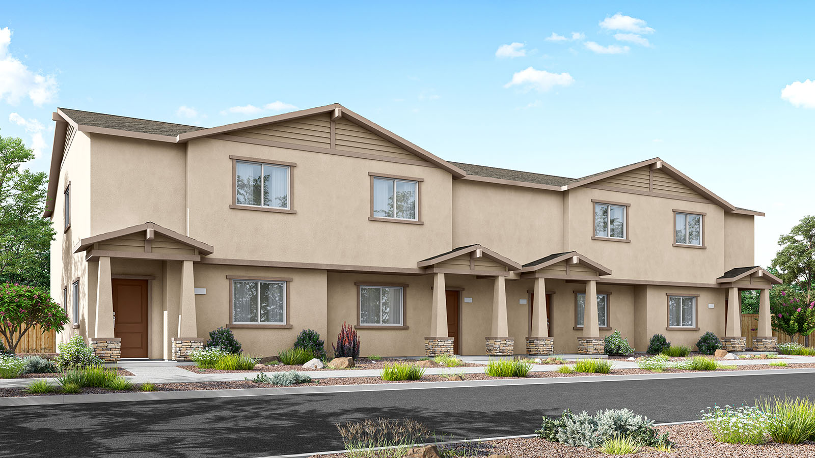 Rendering of two-story fourplex with tan stucco exterior