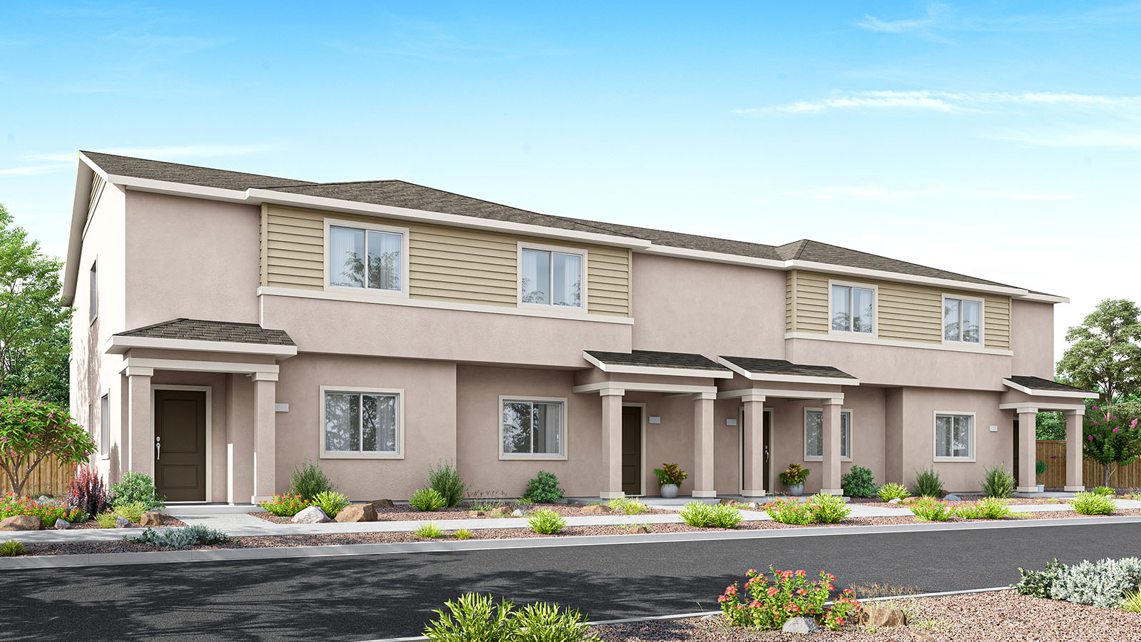 Fourplex with tan stucco exterior rendering