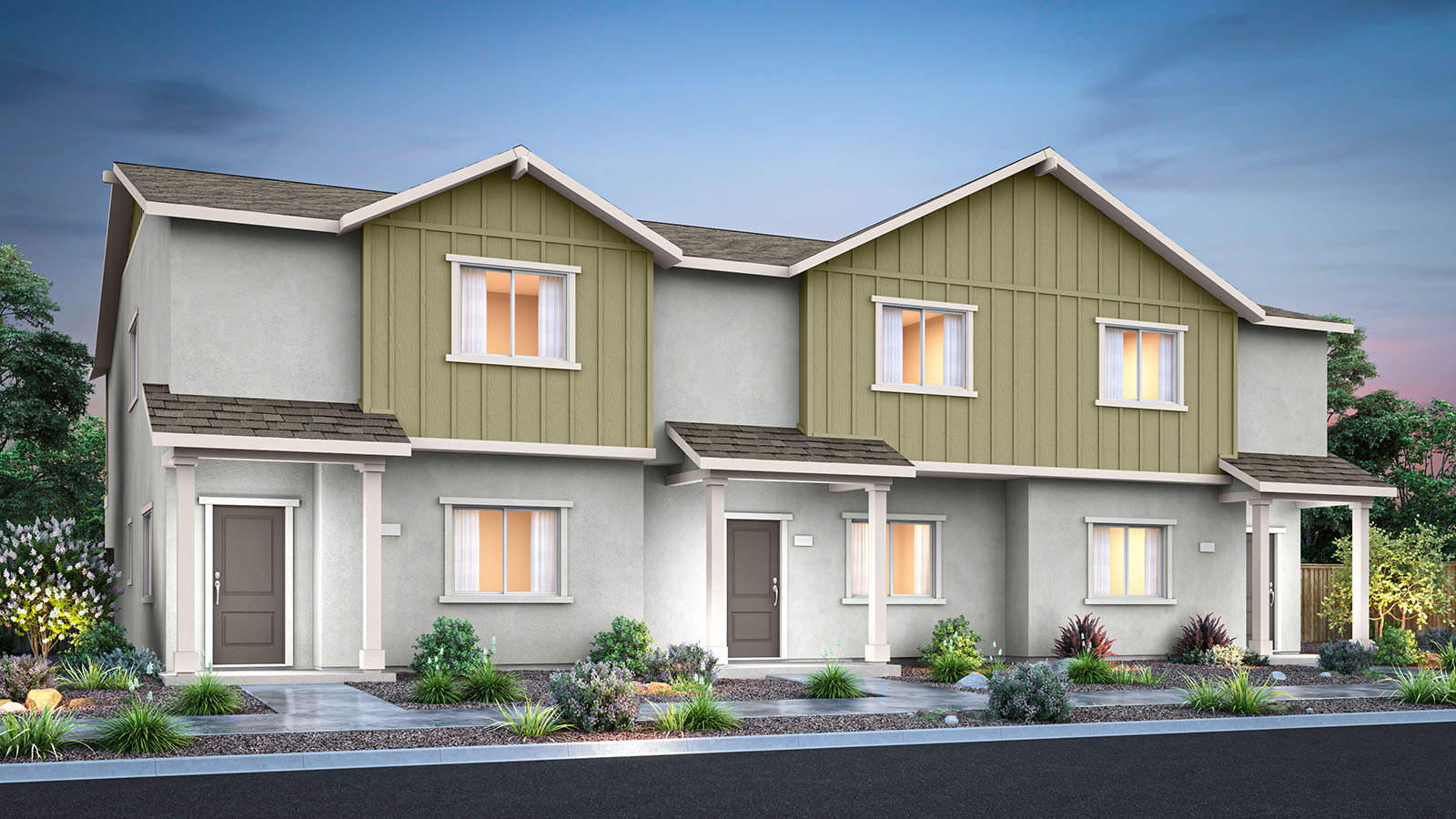 Two-story triplex rendering with grey stucco exterior and green board and baton accents