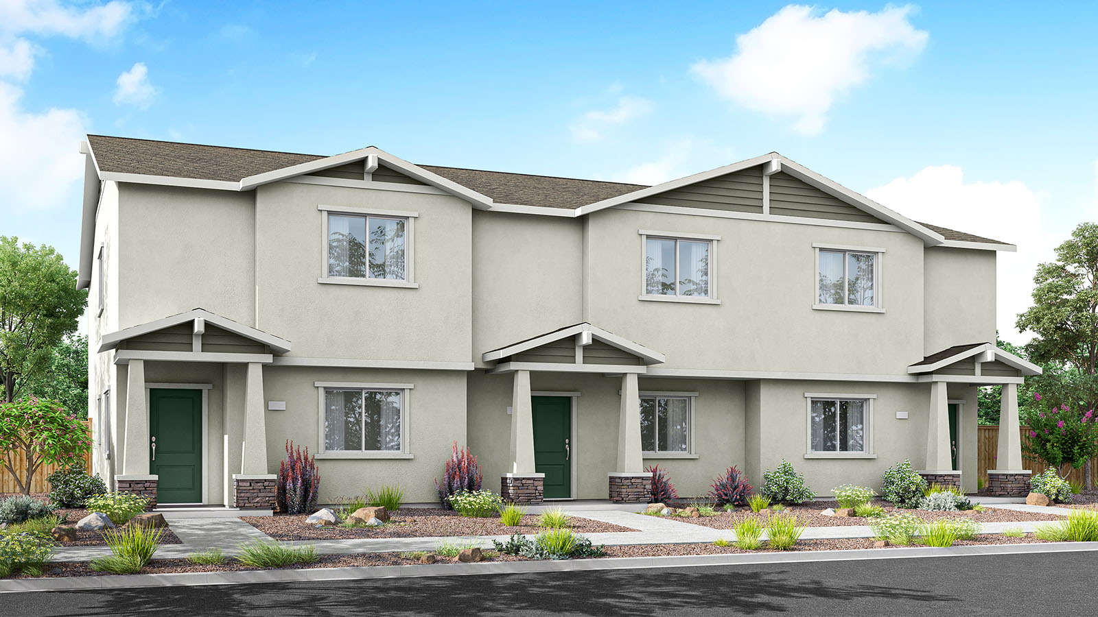 Rendering of two-story triplex with light stucco exterior