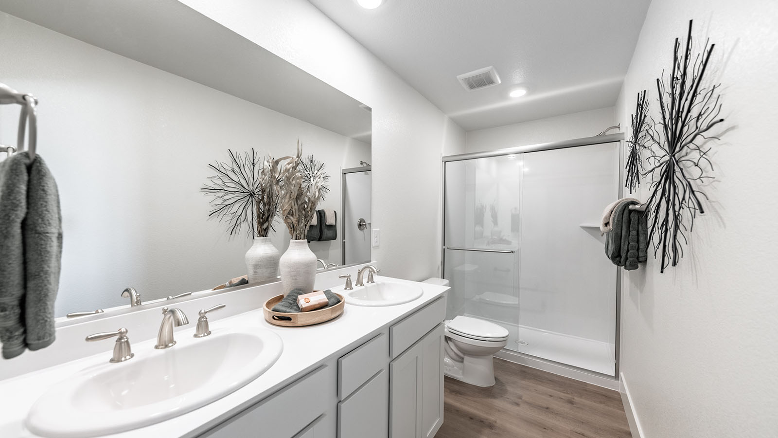Primary bathroom with walk-in shower and double vanity with mirror