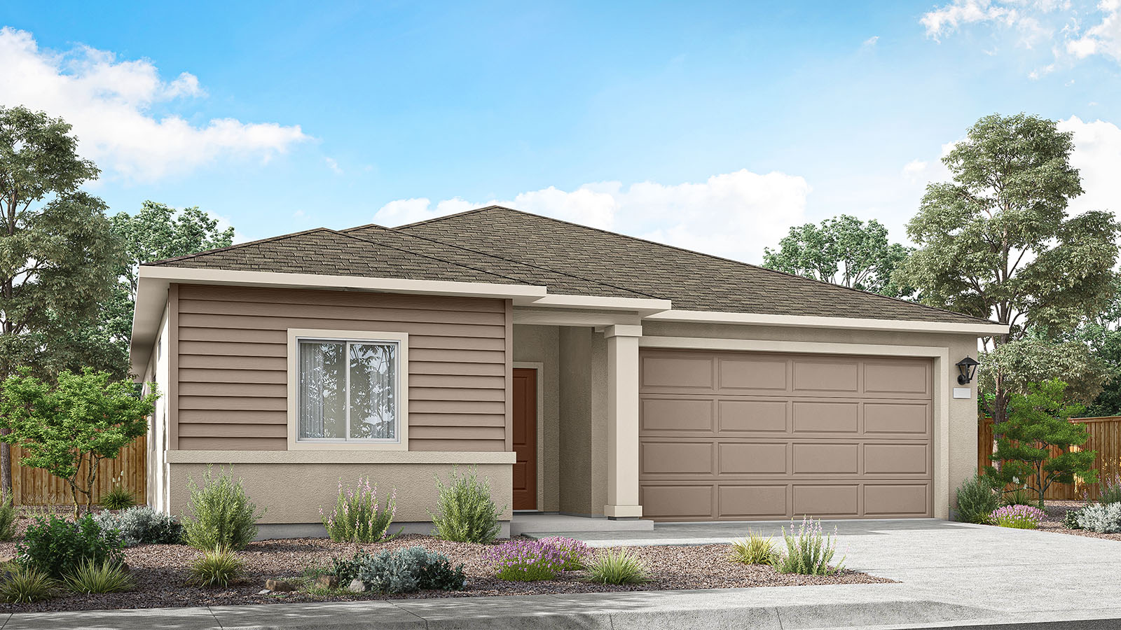 Rendering of one story Topaz floorplan with siding and stucco