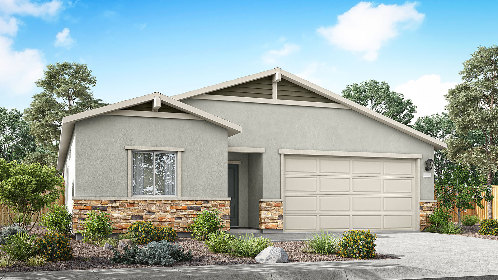 One-story Topaz floorplan rendering with stucco exterior