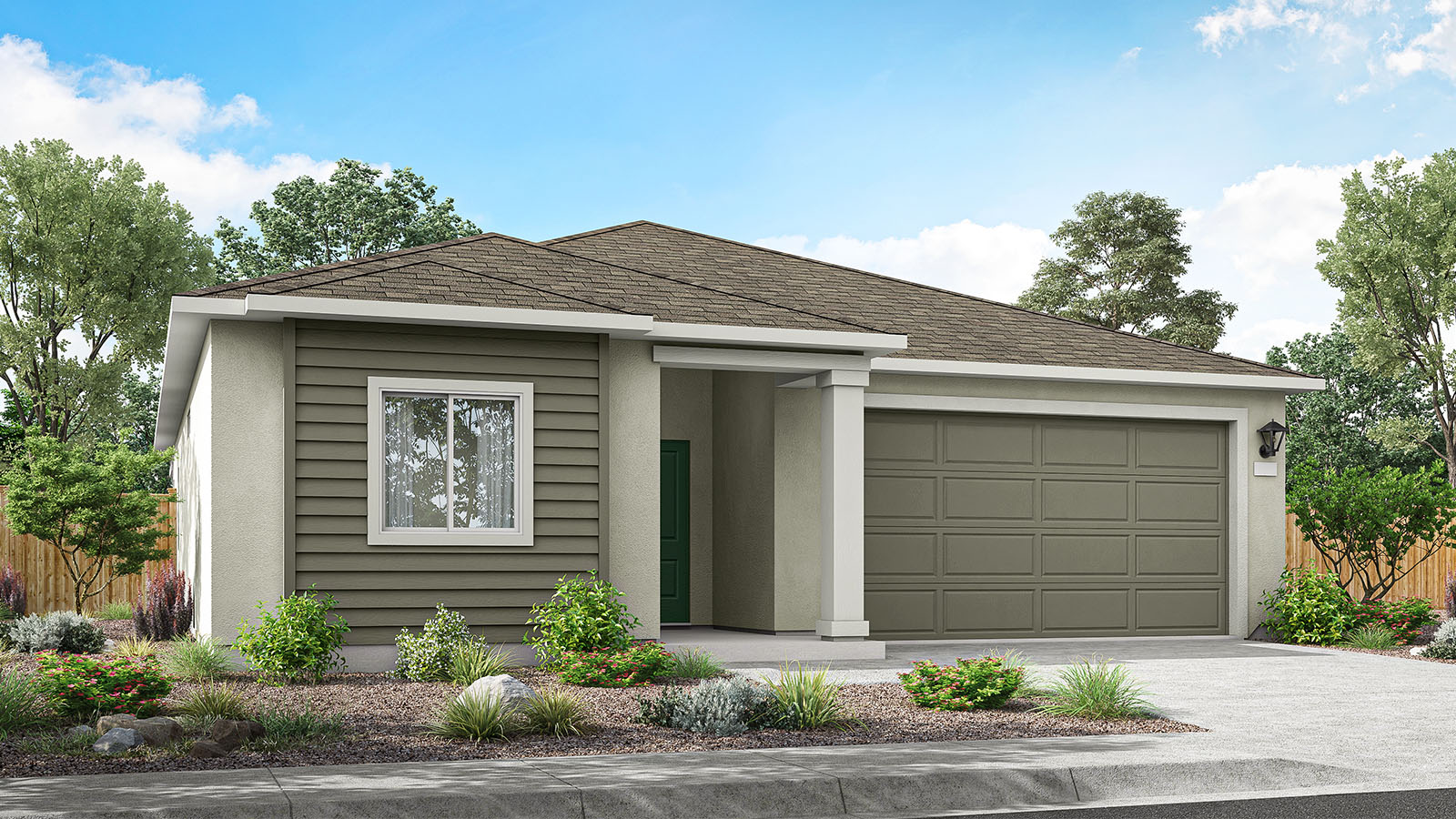 Modern single-story Washoe floorplan rendering with siding accents