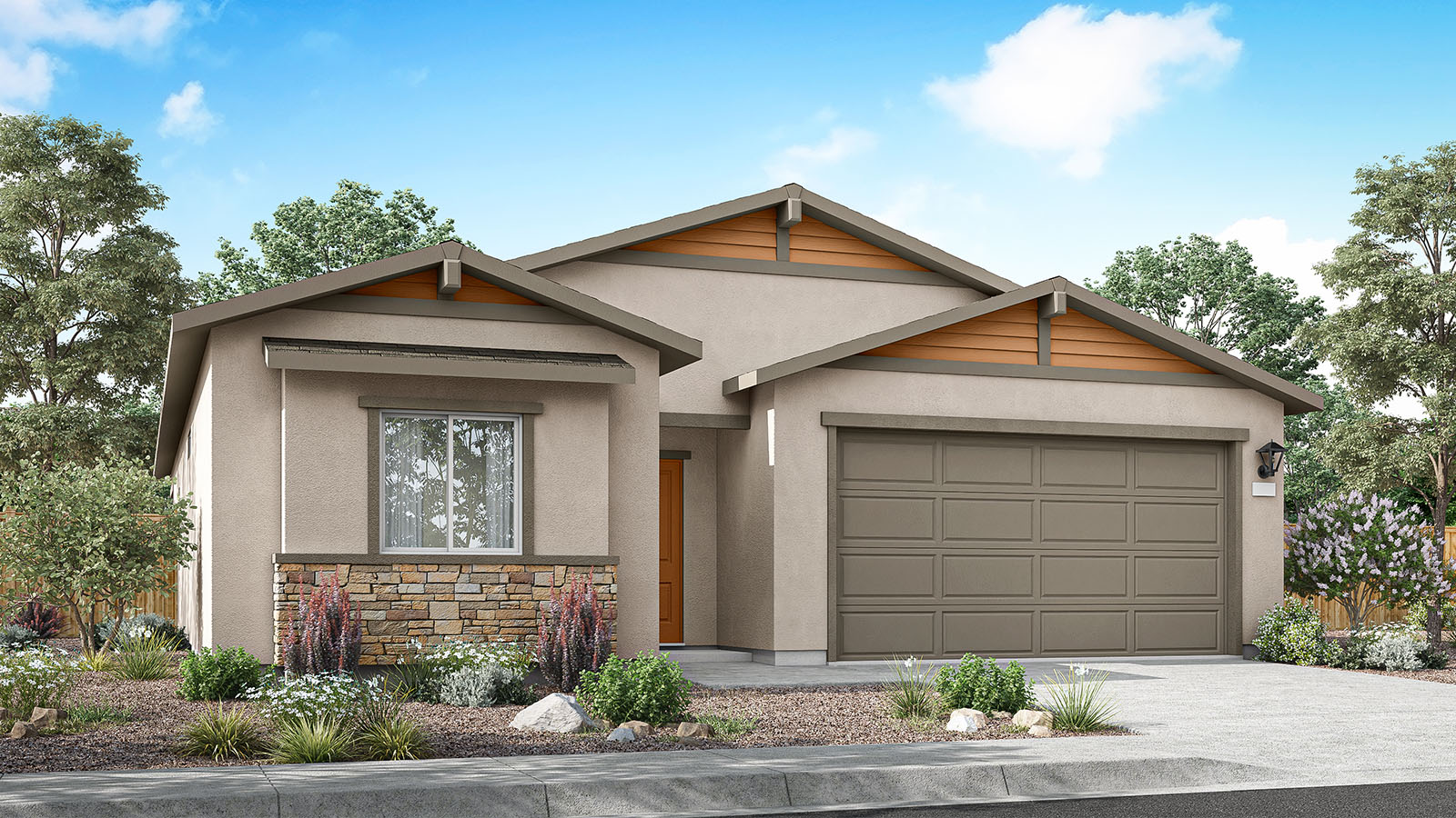 Single-story stucco and stone Washoe floorplan rendering