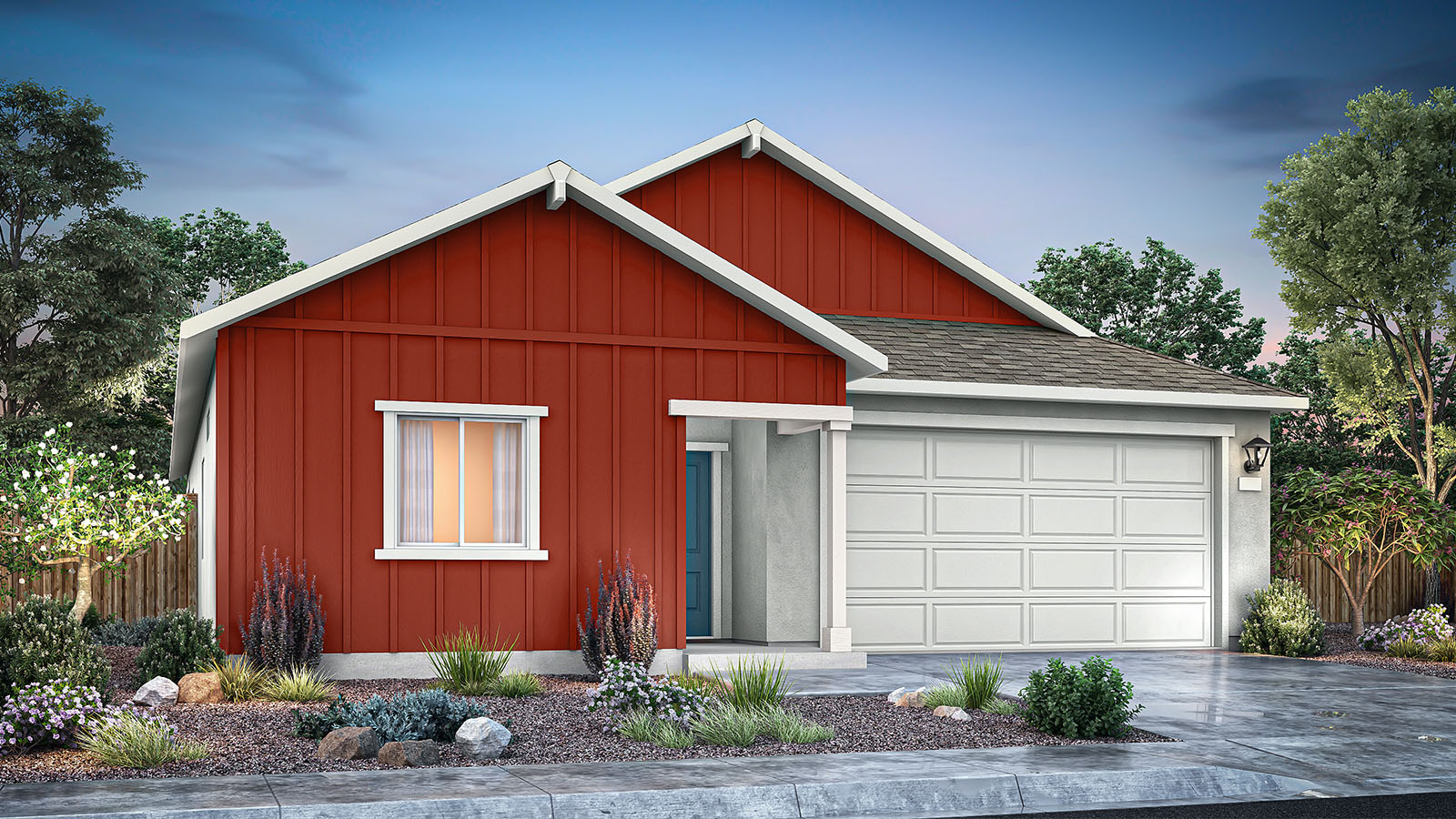 Single-story Tahoe floorplan rendering with red board and baton accents