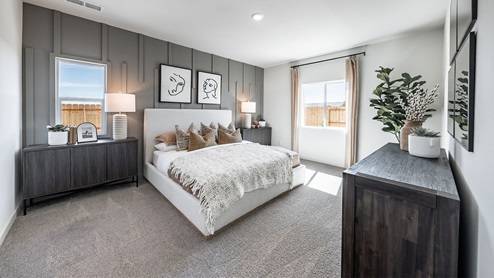 Large primary bedroom with two large windows and soft carpeting