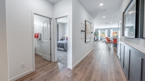 Entry of Topaz floorplan showing secondary bedroom and bathroom at front of the house