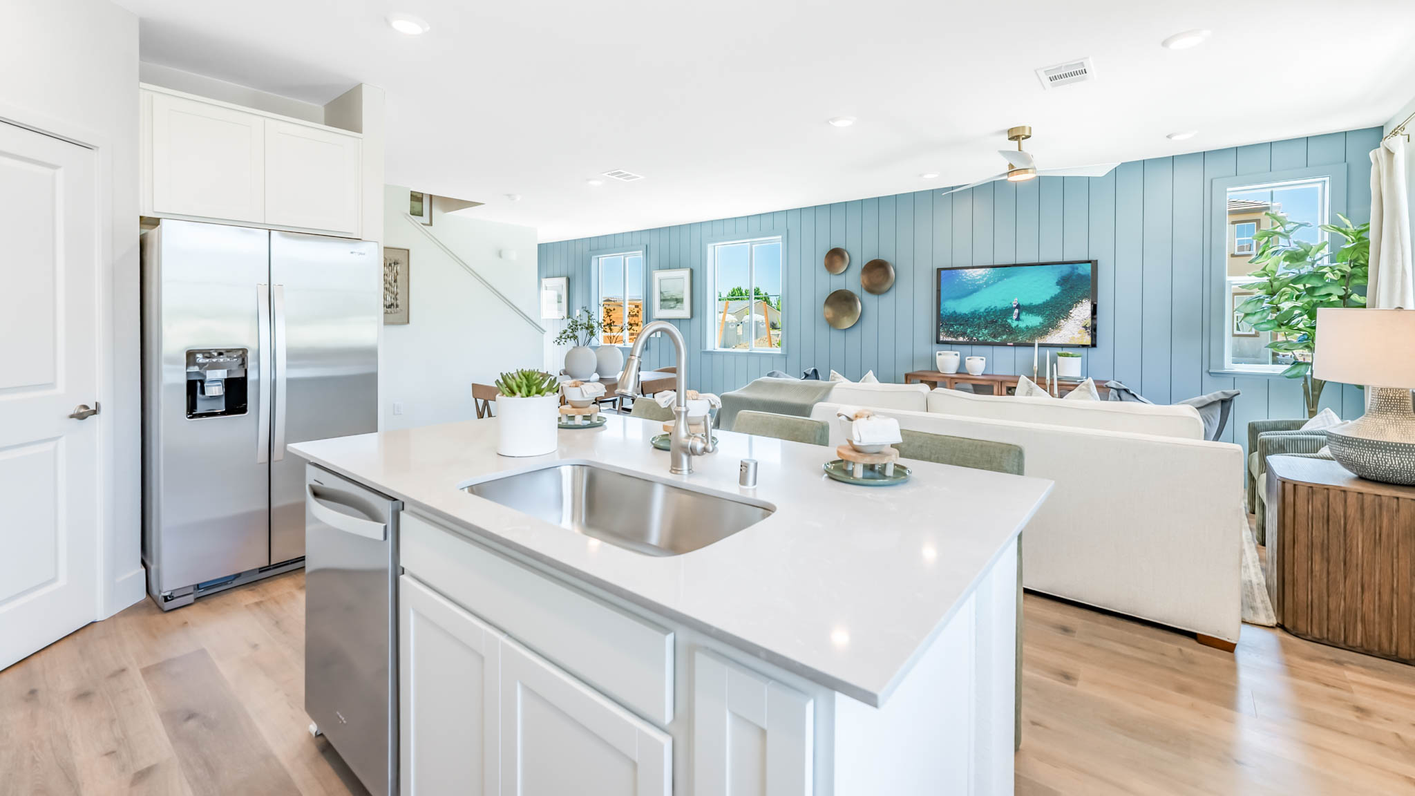 Large kitchen island looking towards the open concept great room