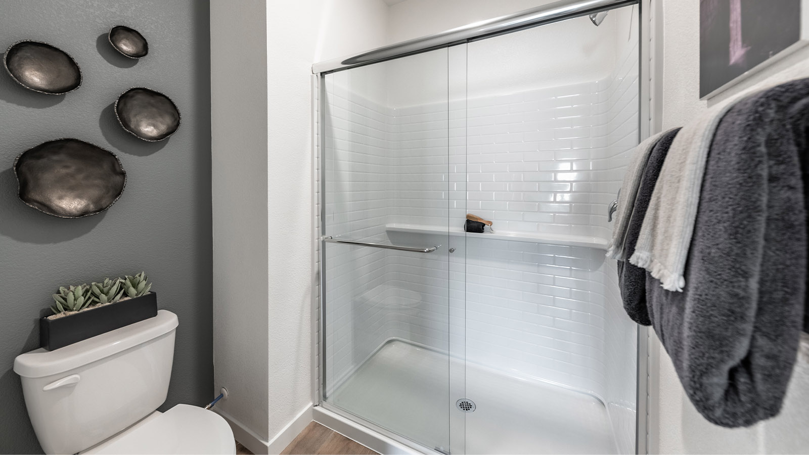 Walk-in shower and toilet in separate room in primary bathroom