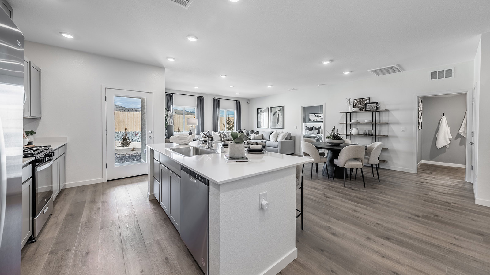 Modern kitchen with stainless-steel appliances and a large island