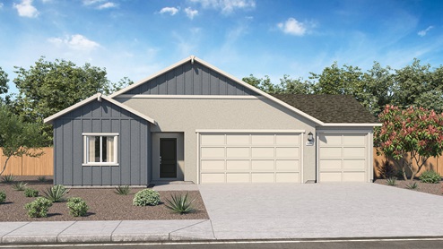 Single story exterior rendering B 3 car garage and stucco tall roof